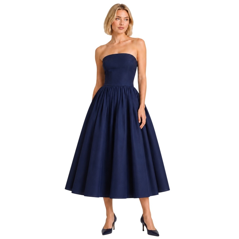 Zara Size M Navy Strapless Midi Dress Full Pleated Skirt Fit & Flare Cocktail